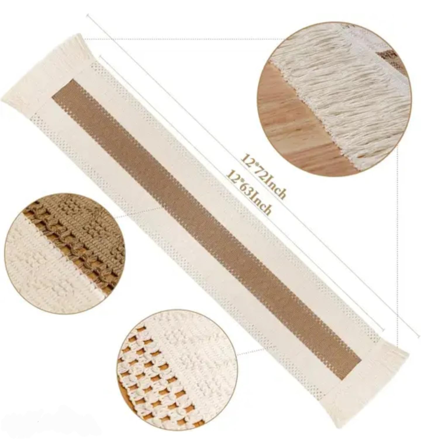 Farmhouse Table Runner with Fringe, Woven Cotton Blend, White and Natural Stripe Pattern, Decorative Dining Table Linens
