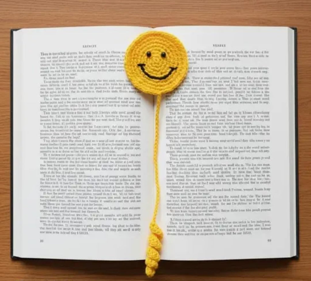 Handmade Crochet Smiley Face Bookmark, Yellow, Knitted, Fun Happy Face Design for Books