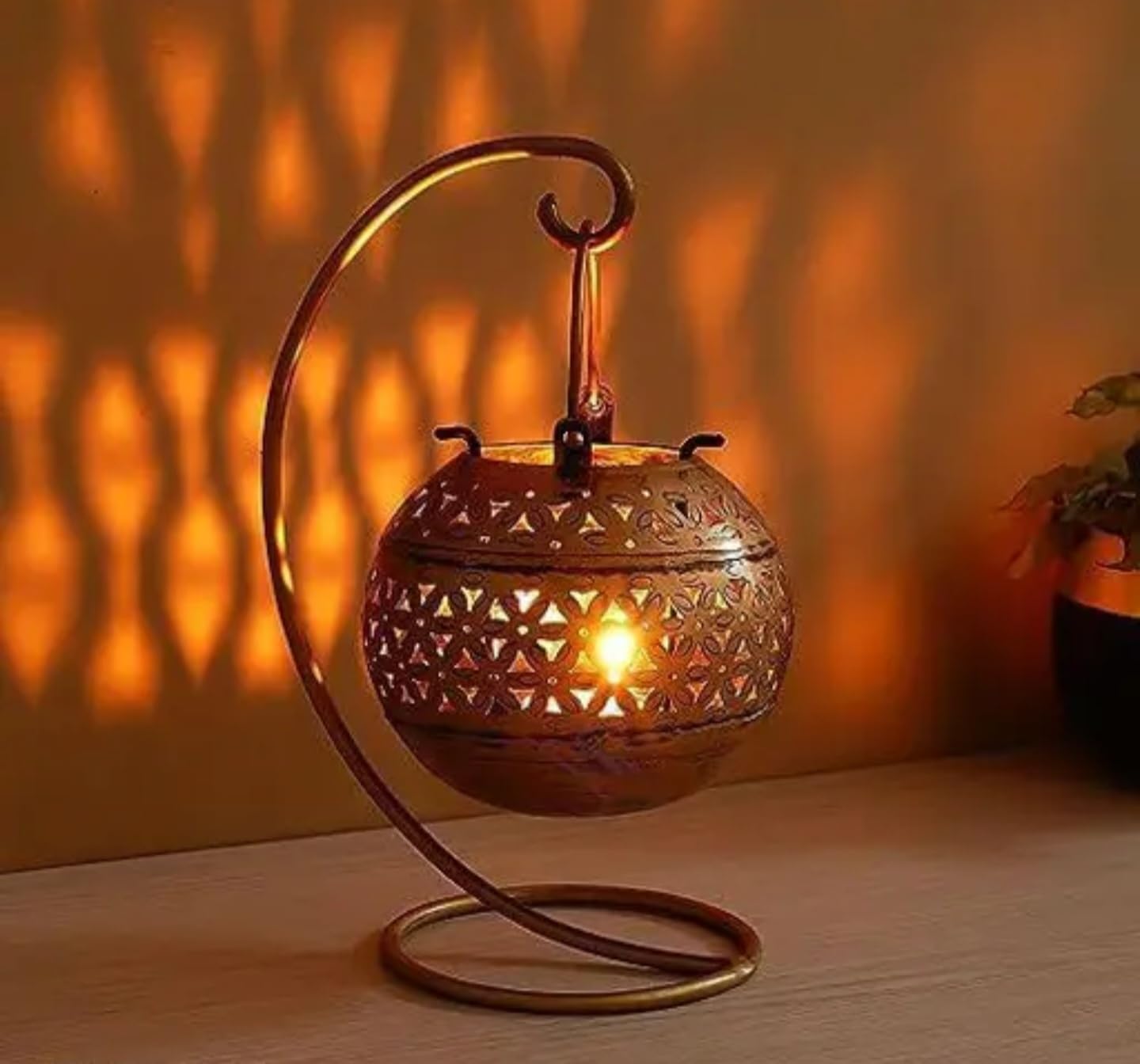 Decorative Hanging Lantern with Metal Stand, Floral Pattern, Antique Gold Finish