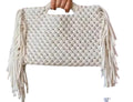 Handmade Macrame Clutch Handbag with Fringe Tassels, Cream White, Woven Pattern
