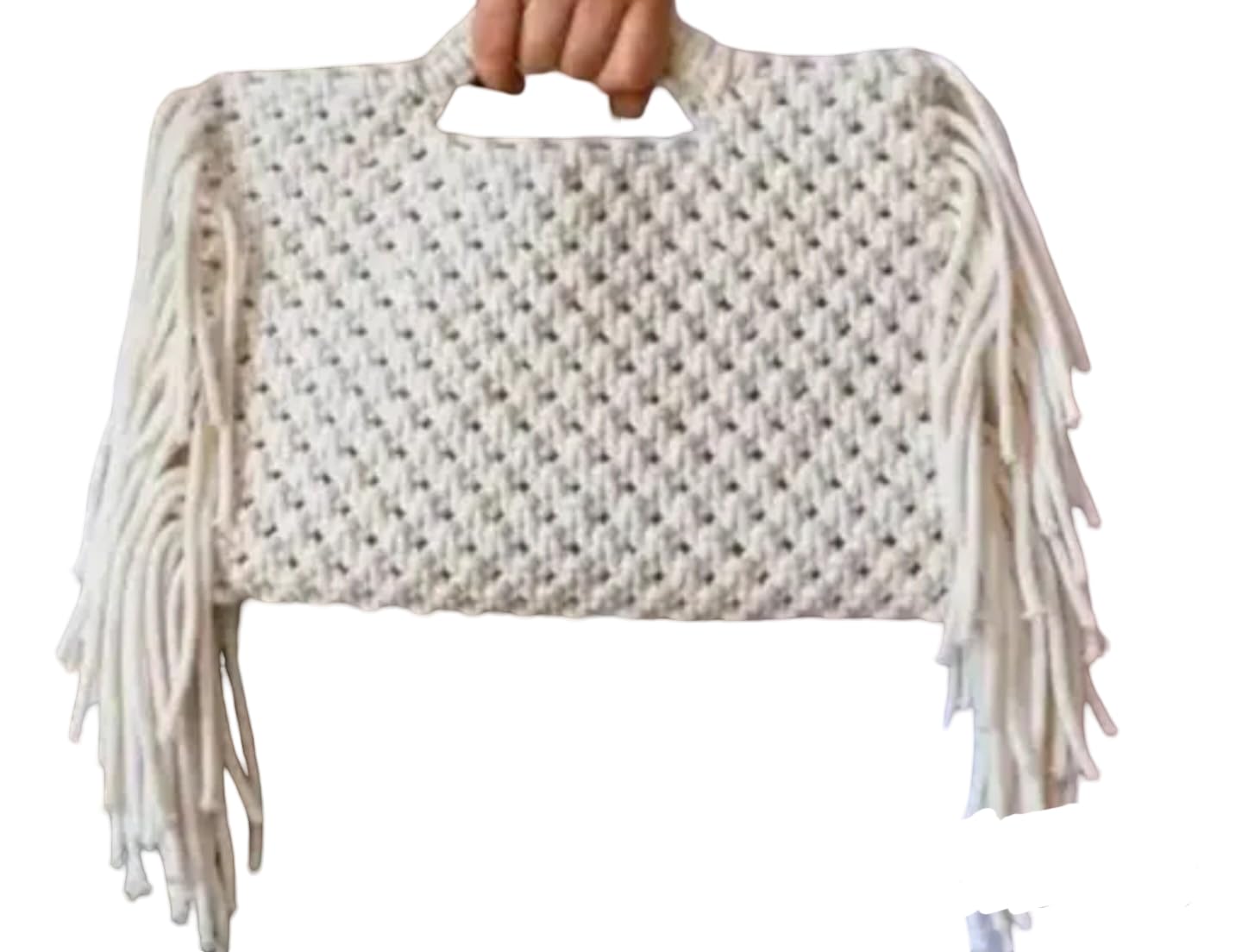 Handmade Macrame Clutch Handbag with Fringe Tassels, Cream White, Woven Pattern
