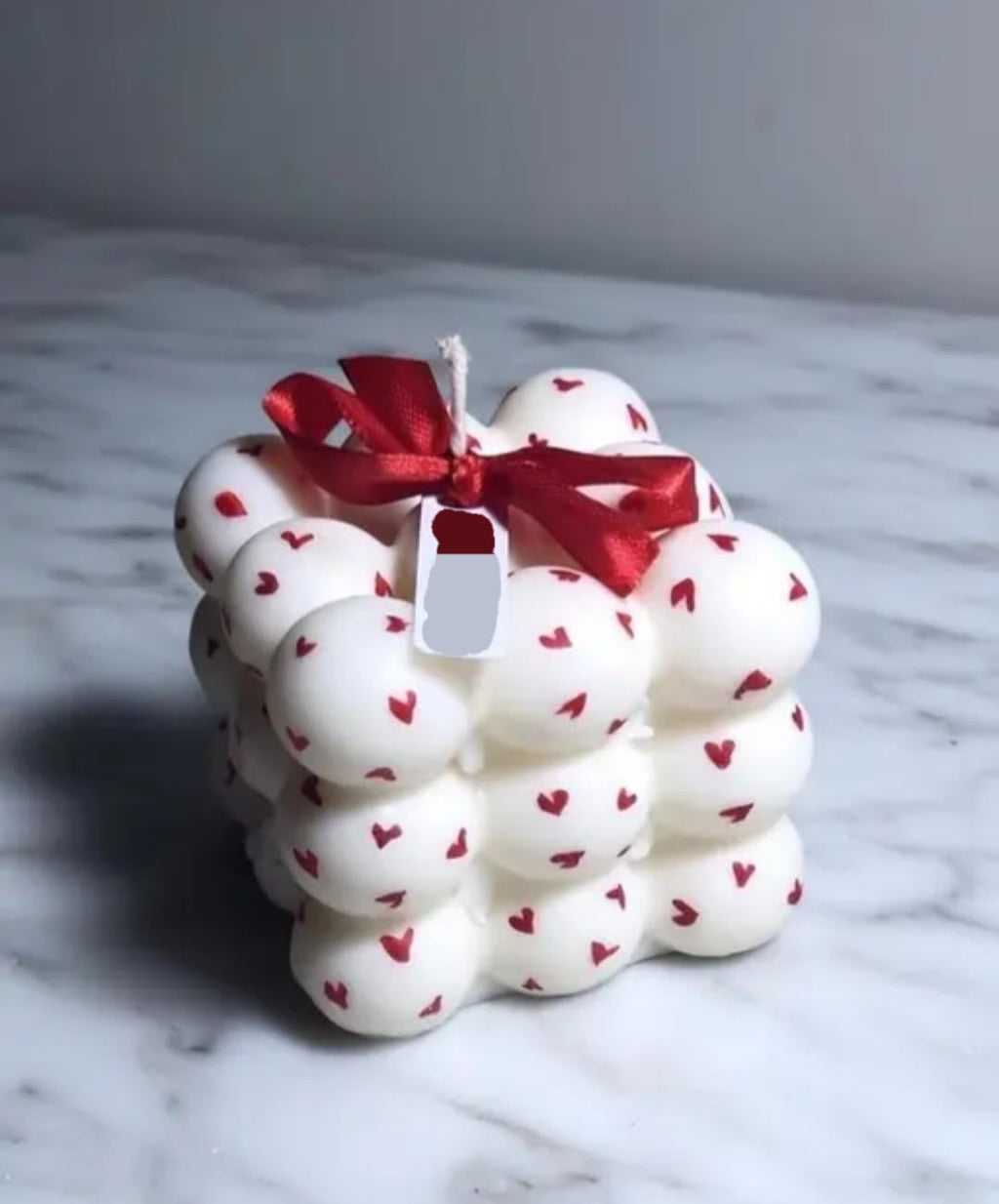 Bubble Cube Candle, White with Red Hearts, Decorative Bow, Valentine's Day Gift