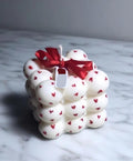 Bubble Cube Candle, White with Red Hearts, Decorative Bow, Valentine's Day Gift