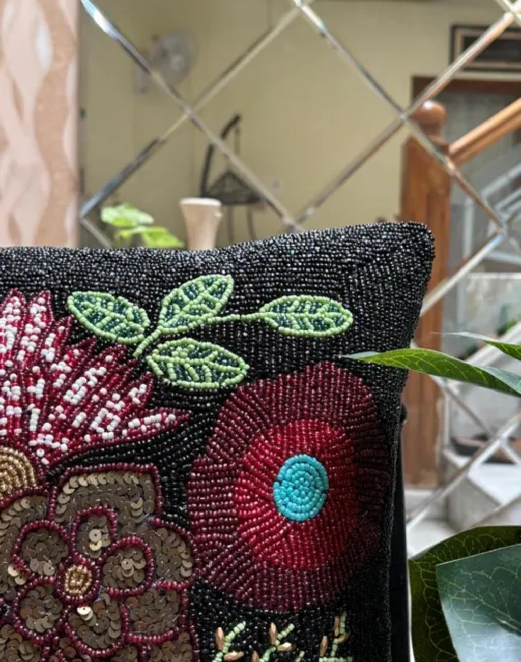 Beaded Floral Decorative Throw Pillow Cover, Black Background, Burgundy and Gold Flowers, Green Leaves