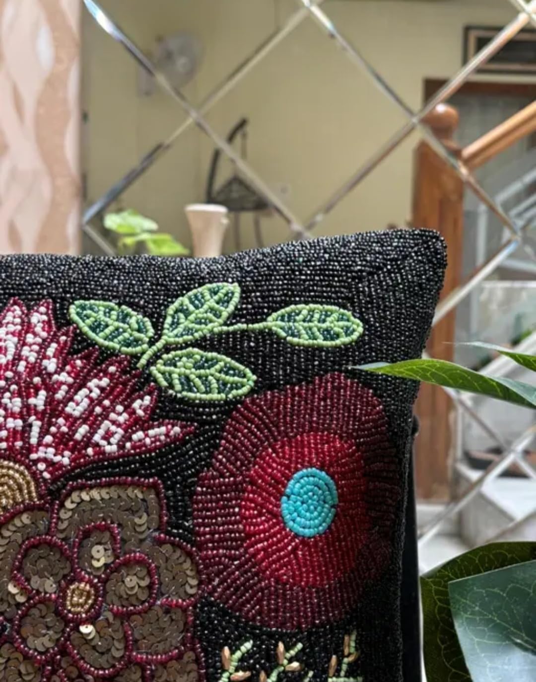Beaded Floral Decorative Throw Pillow Cover, Black Background, Burgundy and Gold Flowers, Green Leaves