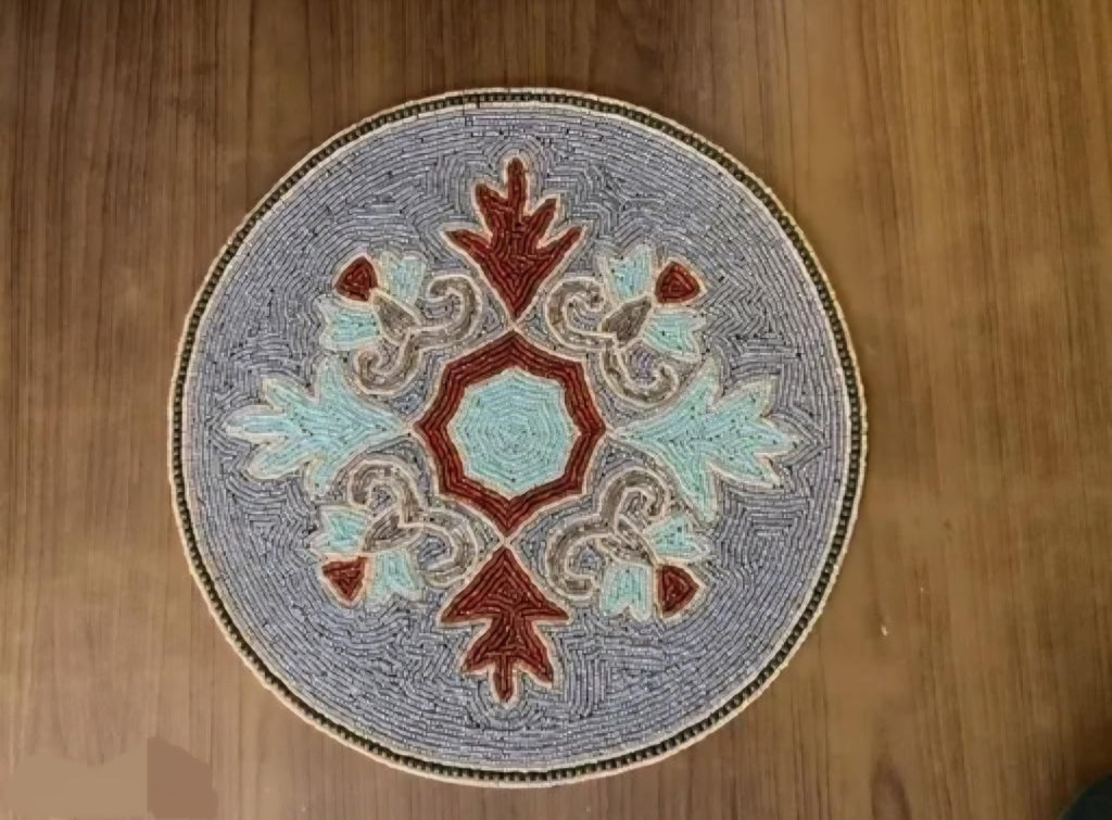 Round Beaded Placemat, Mandala Floral Design, Blue, Red, and Teal, Decorative Table Mat