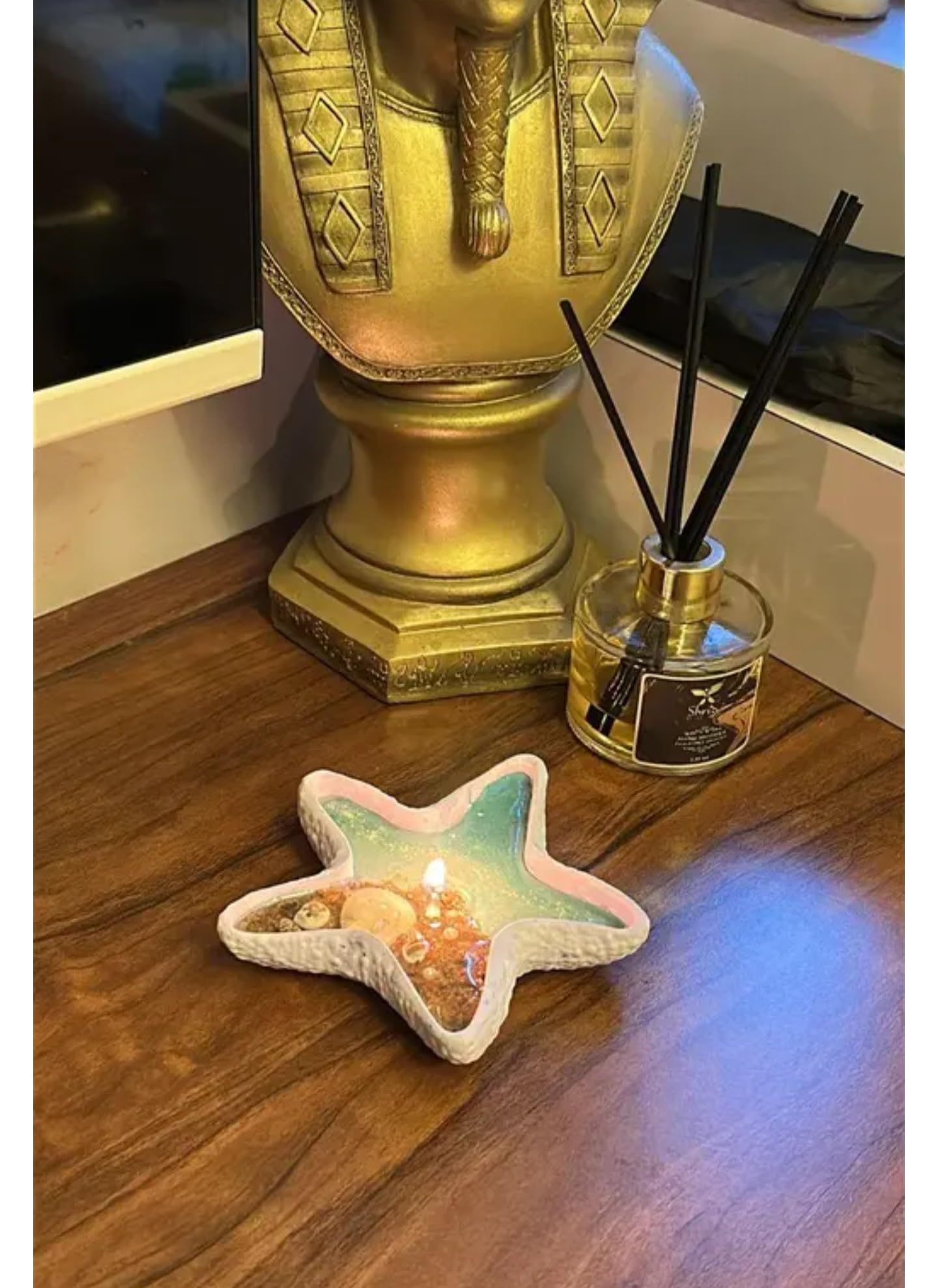 Decorative Starfish Tealight Candle Holder, Ceramic, Iridescent Blue-Green Finish