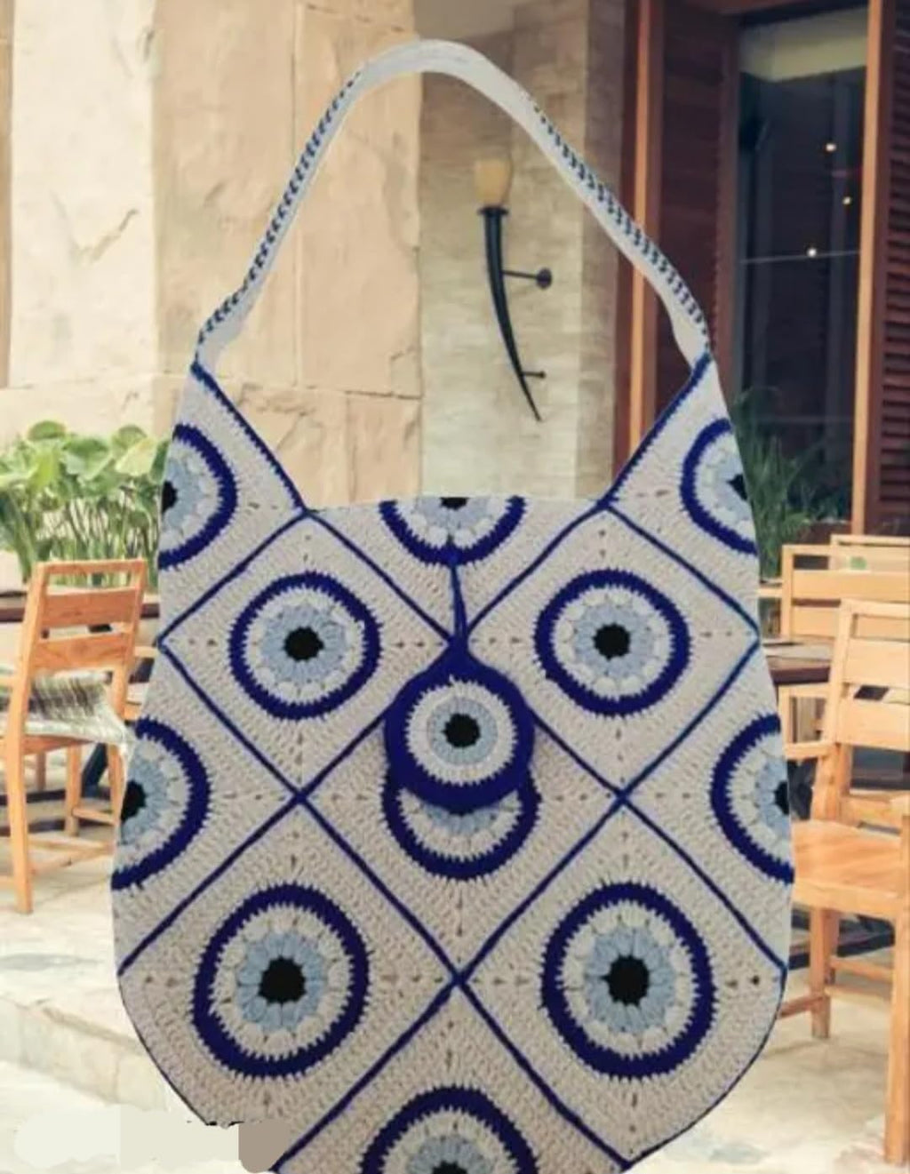 Handmade Crochet Tote Bag, Blue and Beige, Evil Eye Pattern, Boho Shoulder Bag with Granny Square Design