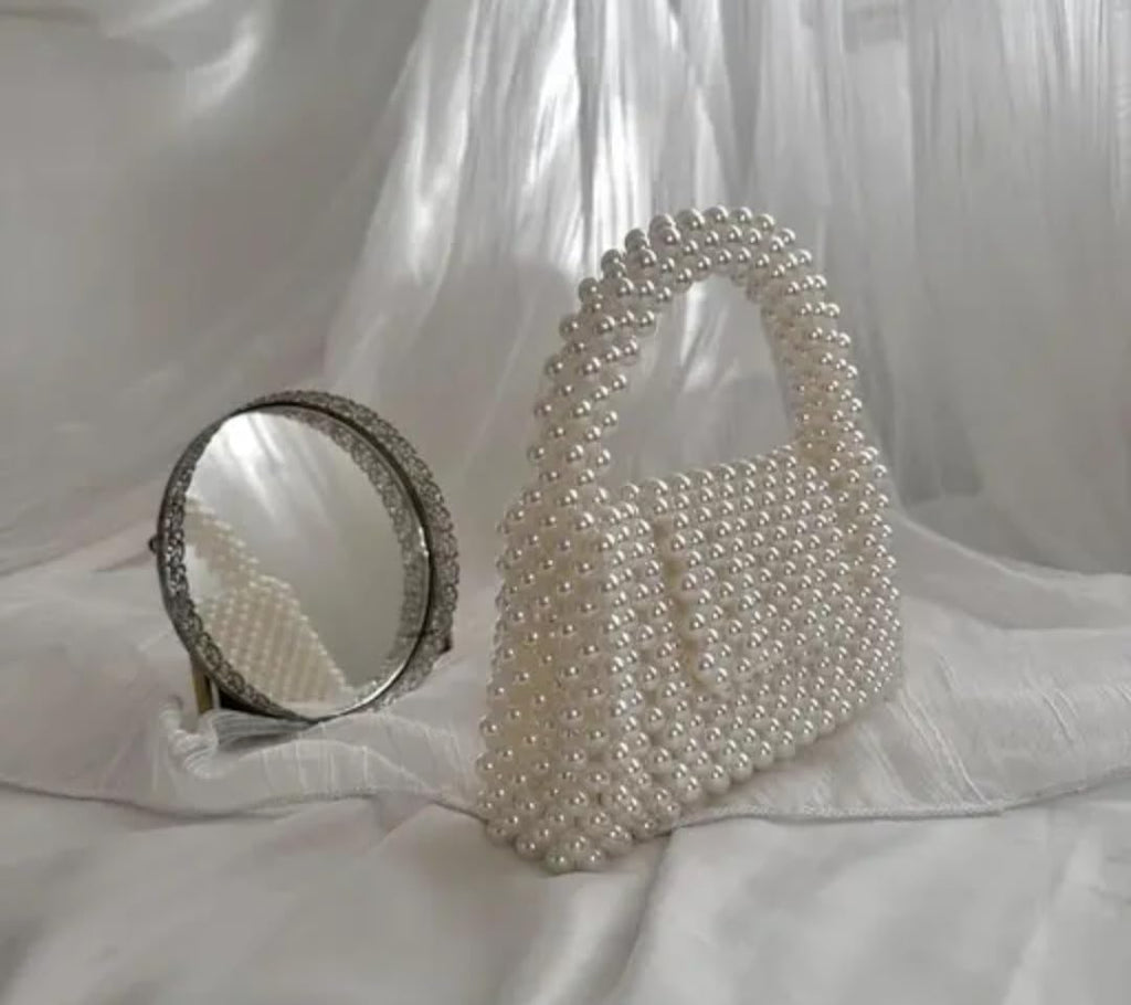 Pearl Beaded Handbag, White, Elegant Top Handle Bag, Handcrafted Faux Pearl Purse