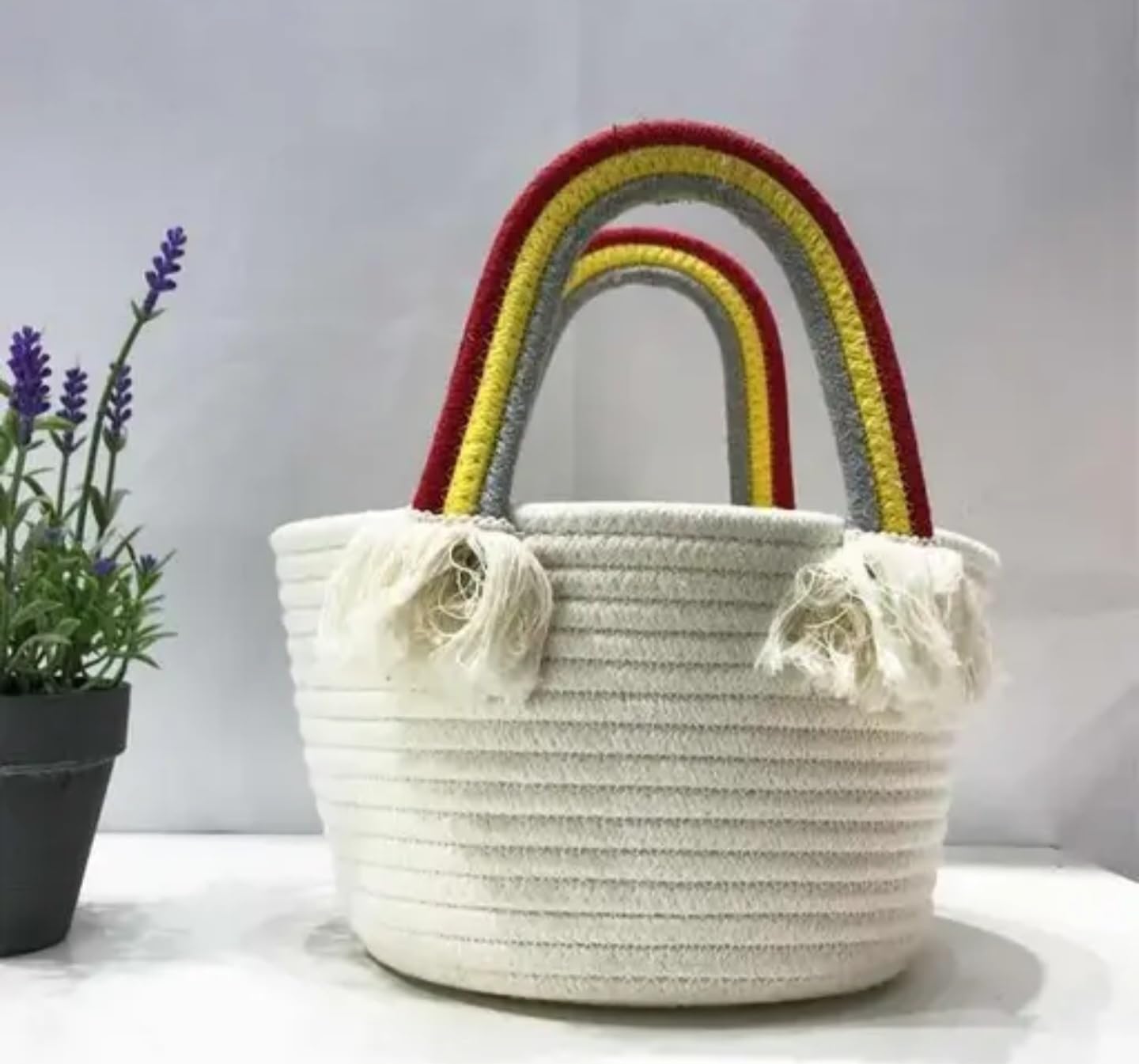 Decorative Cotton Rope Storage Basket with Rainbow Handle, White, Handwoven