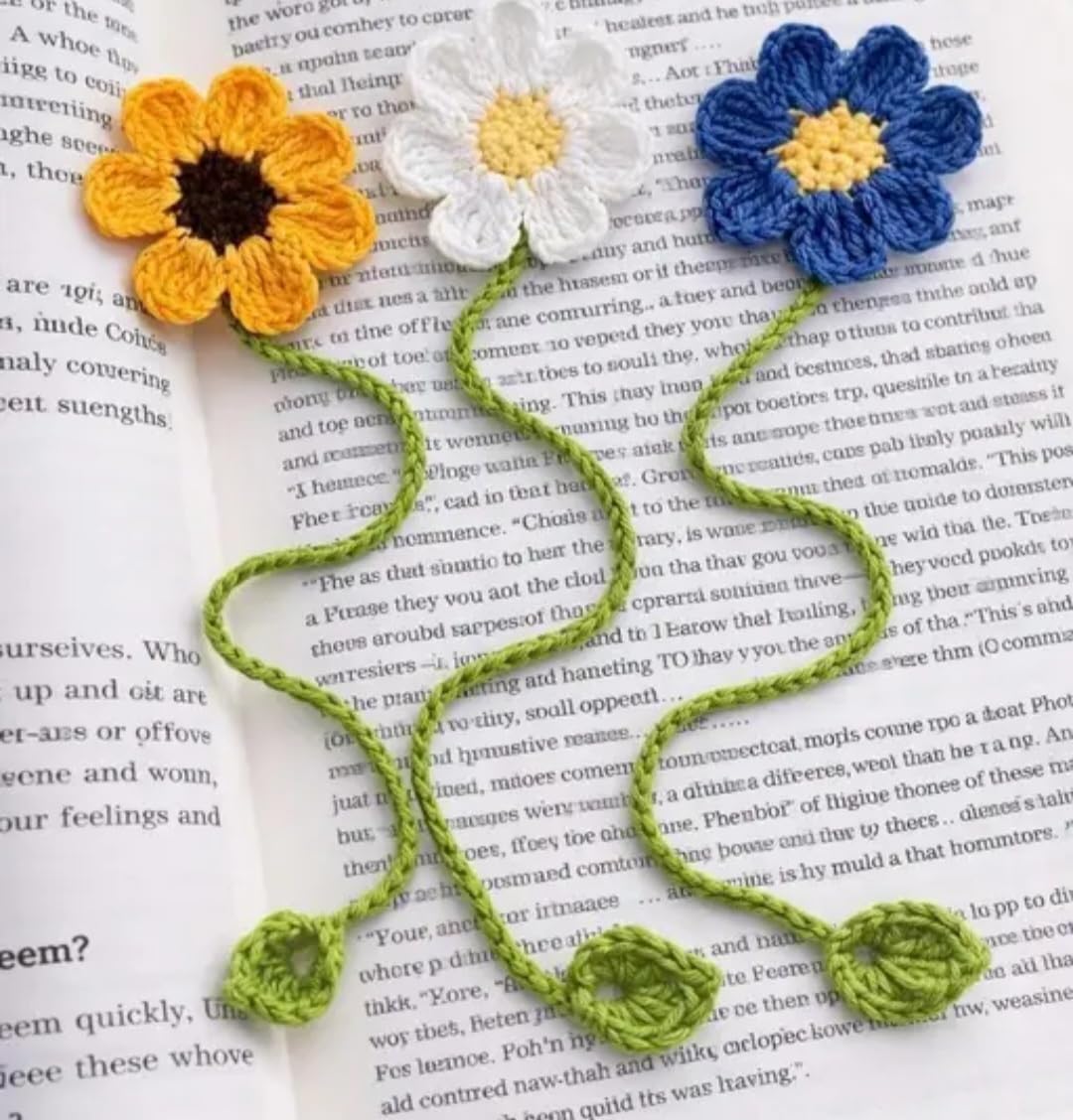 Handmade Crochet Flower Bookmark, Set of 3, Sunflower, Daisy, Blue Floral, Knitted Book Accessory