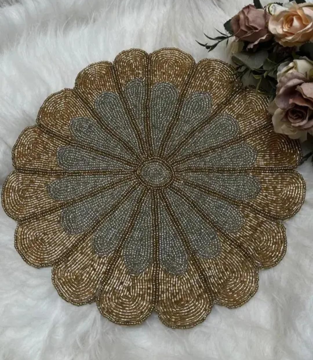 Beaded Floral Round Placemat, Gold and Silver, Scalloped Edge, Handcrafted Table Decor