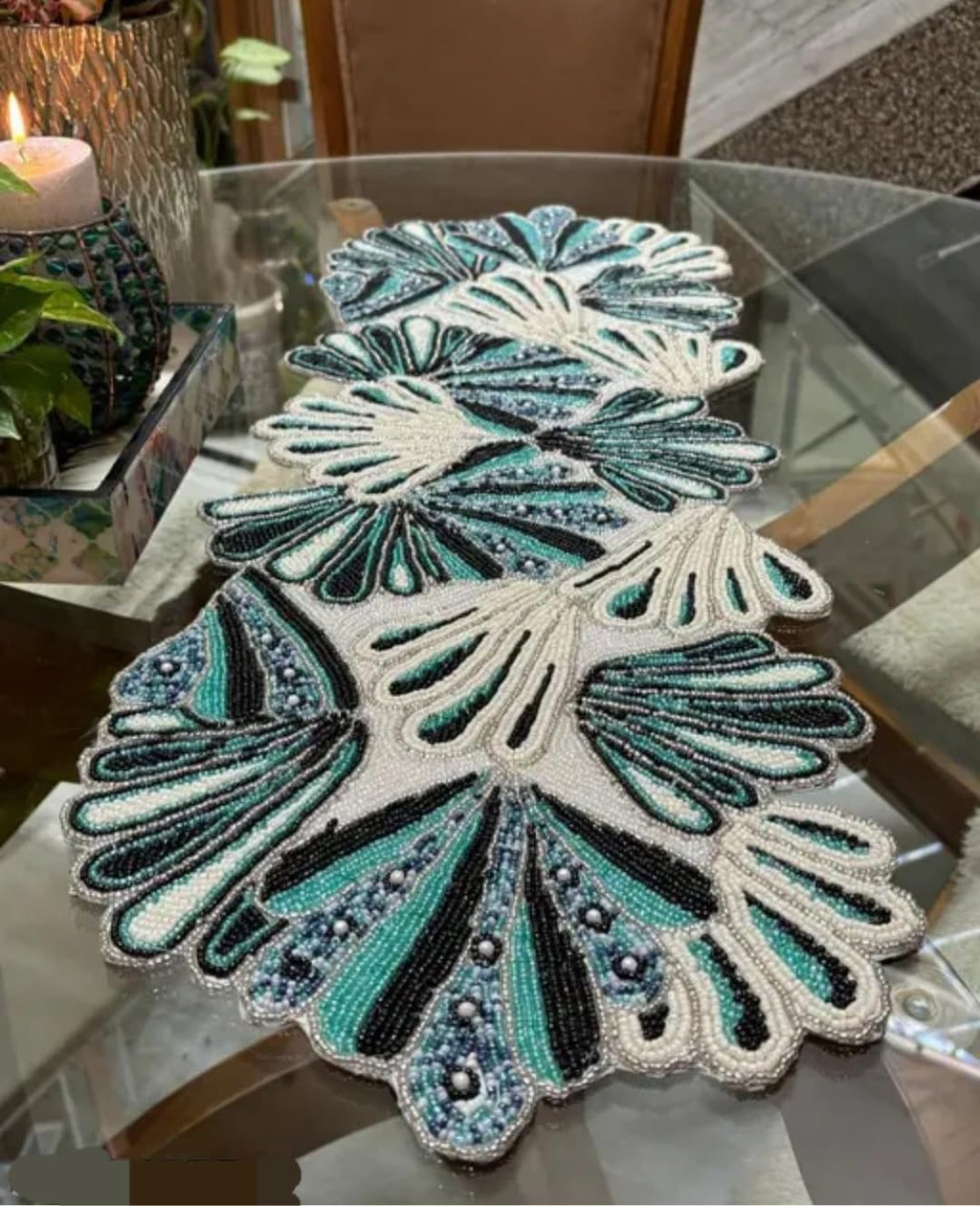 Beaded Table Runner, Teal and Black Floral Fan Design, Handcrafted Decorative Home Decor