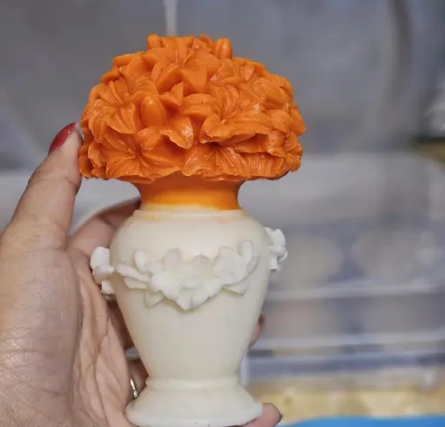 Decorative Floral Bouquet Candle, Orange Blossom Design, Ceramic Base, Handcrafted