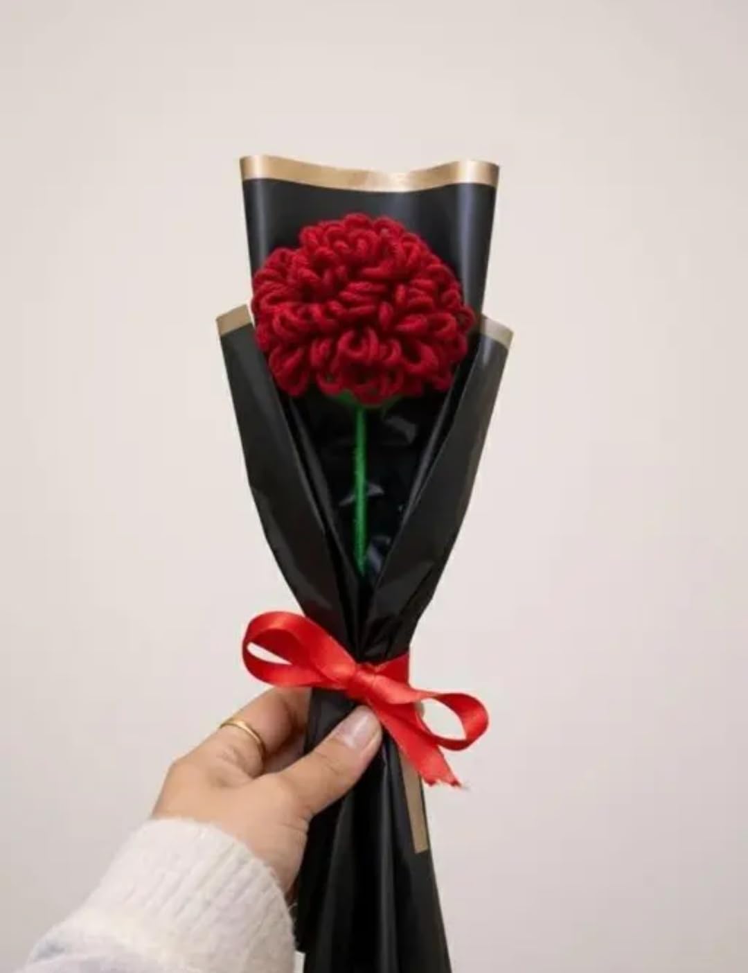 Handmade Crochet Red Flower Bouquet, Single Stem, Black Wrapping with Gold Trim, Red Ribbon