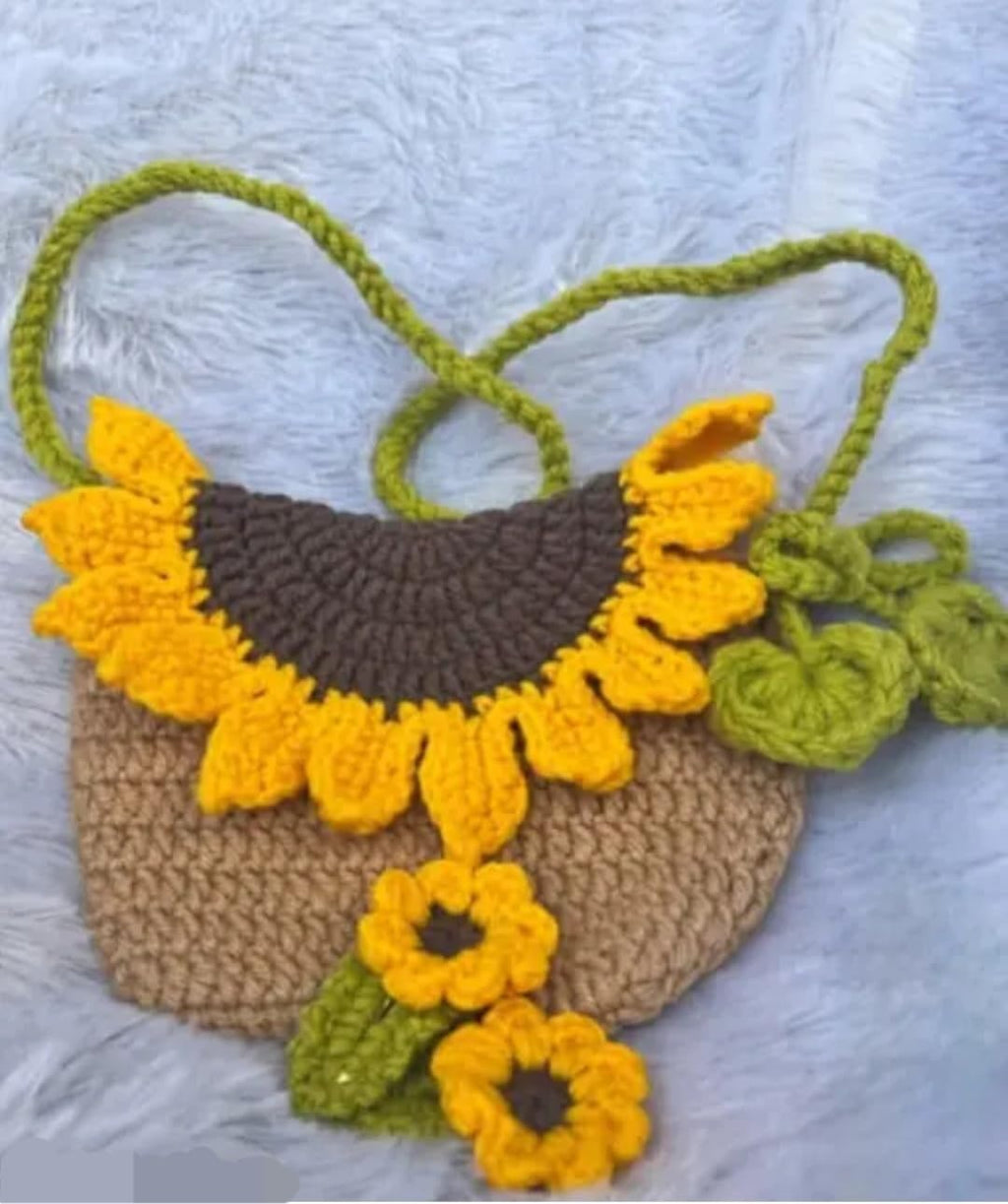 Handmade Crochet Sunflower Crossbody Bag, Yellow and Tan, Floral Boho Shoulder Purse with Green Strap