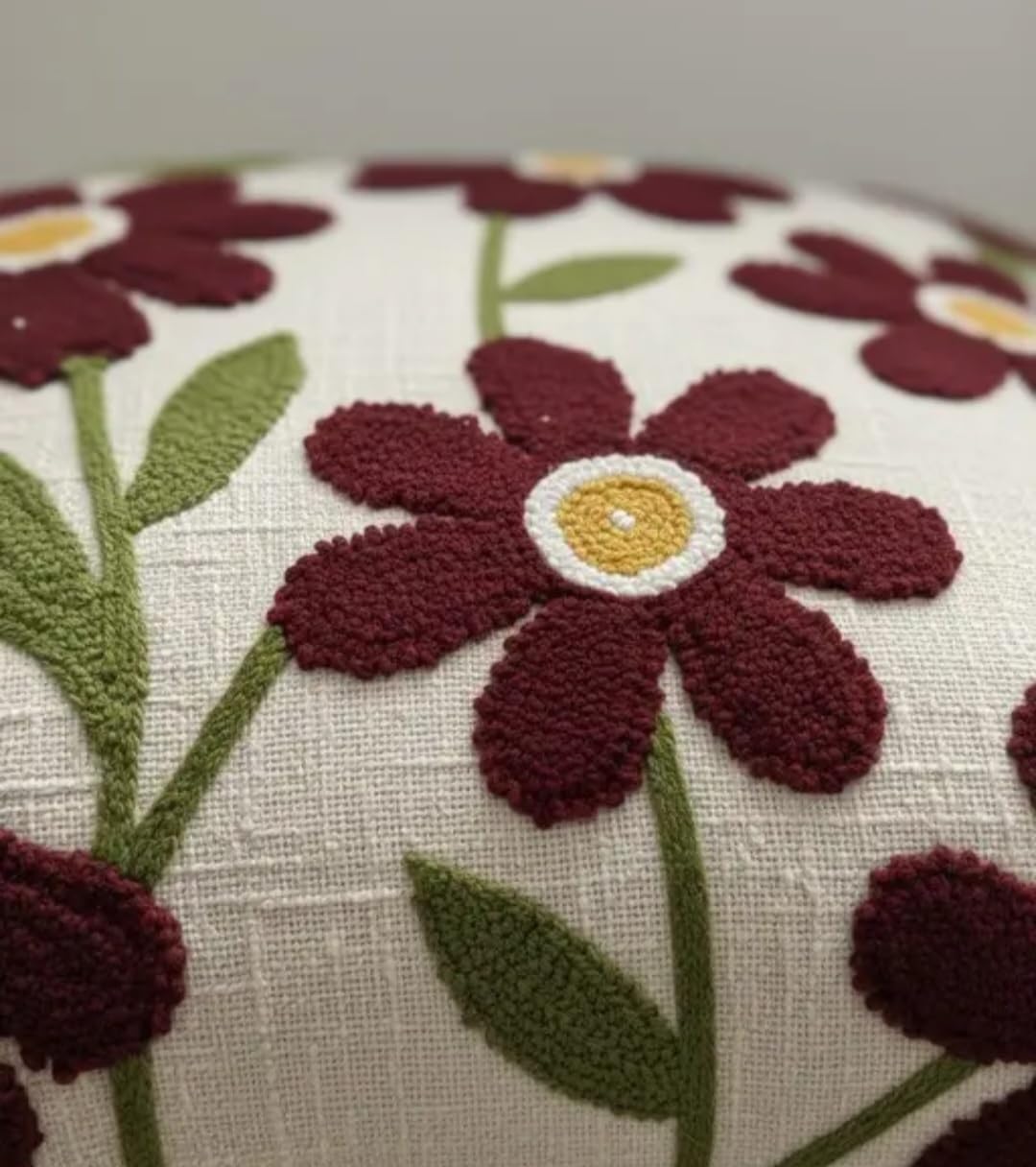 Handcrafted Embroidered Floral Throw Pillow Cover, Burgundy Daisy on Cream, Boho Decorative Cushion Cover