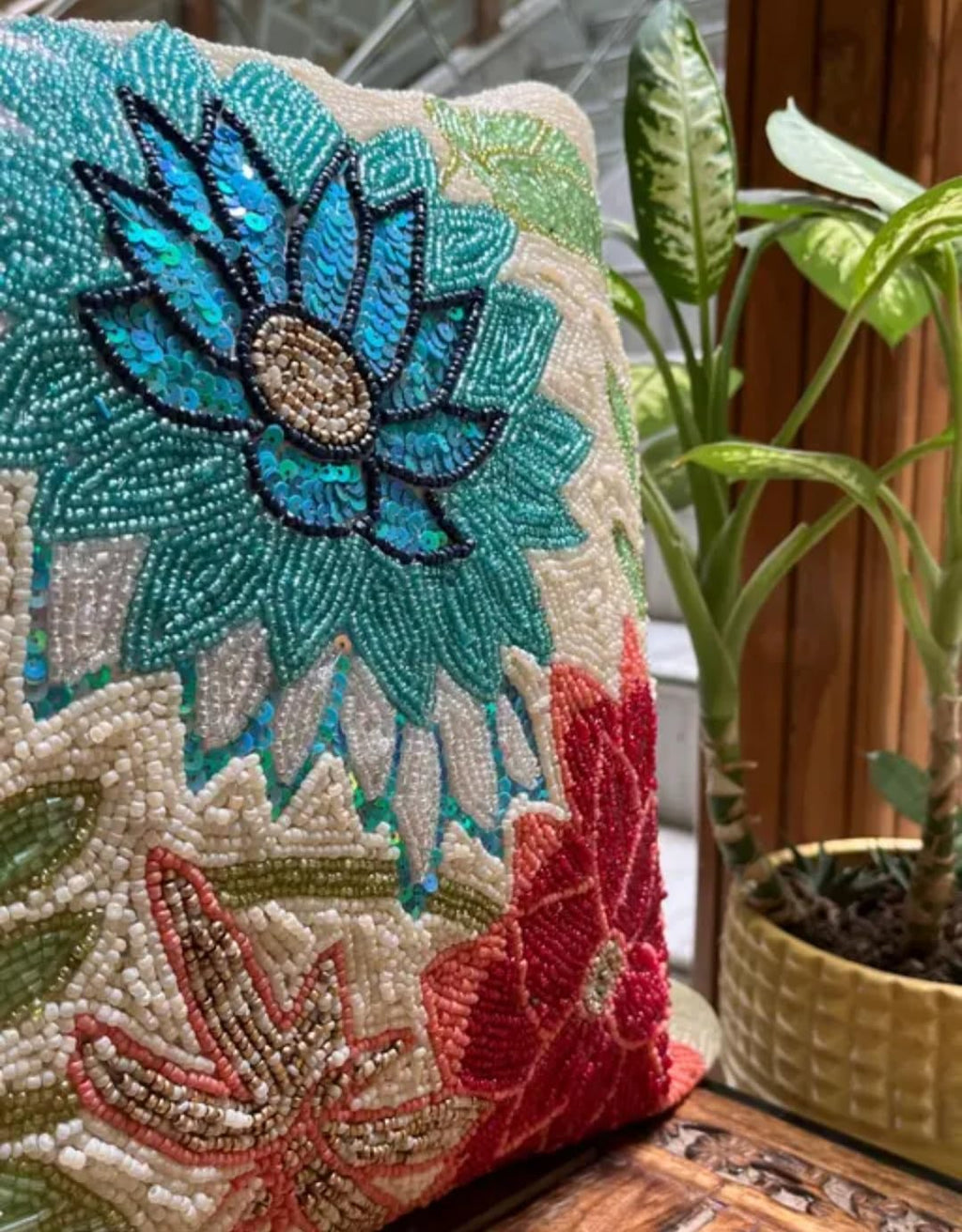 Beaded Floral Decorative Throw Pillow Cover, Turquoise and Coral Flowers, Cream Background, Square Cushion Cover