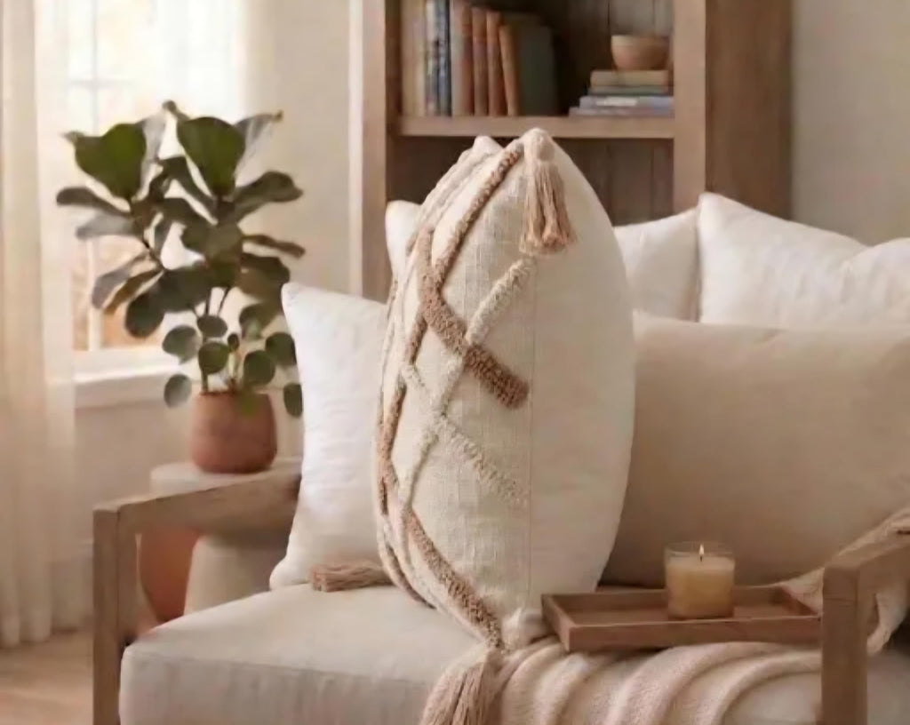 Handmade Boho Throw Pillow Cover, Cream, Tufted Diamond Pattern with Tassels, Decorative Sofa Cushion Cover
