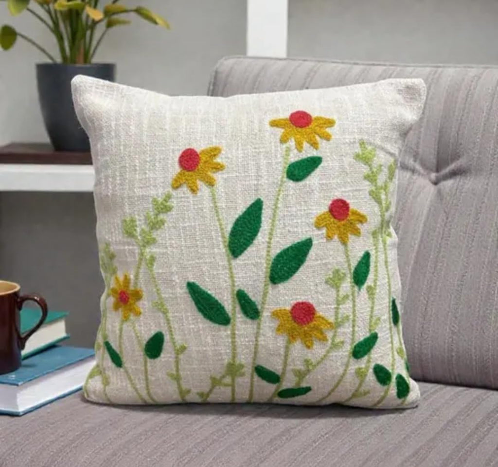Embroidered Floral Throw Pillow Cover, Yellow Flowers with Green Leaves, Cream Linen Texture, Decorative Cushion
