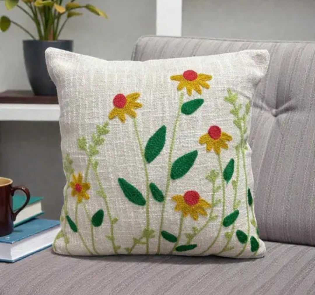 Embroidered Floral Throw Pillow Cover, Yellow Flowers with Green Leaves, Cream Linen Texture, Decorative Cushion