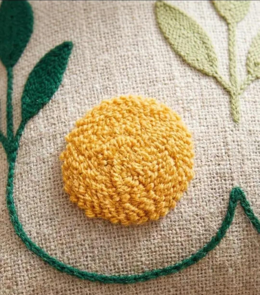 Handcrafted Throw Pillow Cover with Green Tassels, Botanical Orange Fruit Design, Cream Cotton Linen