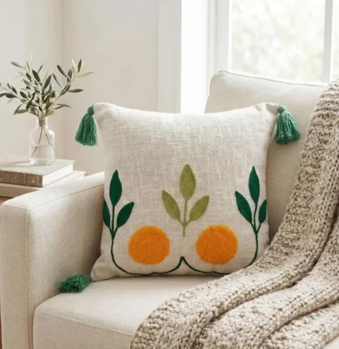 Handcrafted Throw Pillow Cover with Green Tassels, Botanical Orange Fruit Design, Cream Cotton Linen