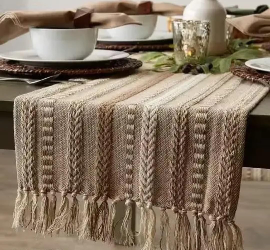 Woven Table Runner, Beige, Textured Striped Pattern with Fringe Ends, Boho Farmhouse Style