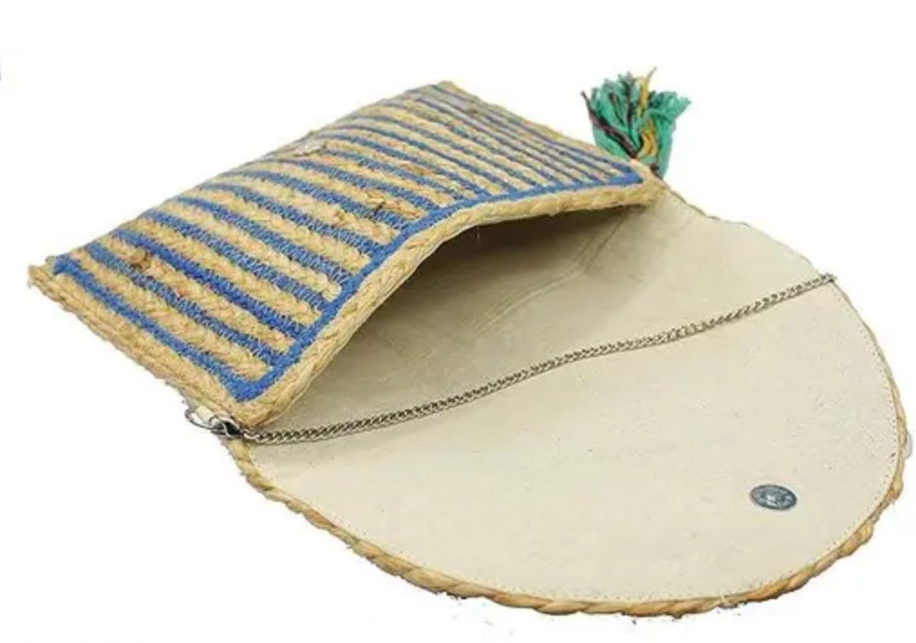 Handwoven Straw Clutch Purse with Tassel, Blue and Natural Striped Pattern, Boho Beach Style