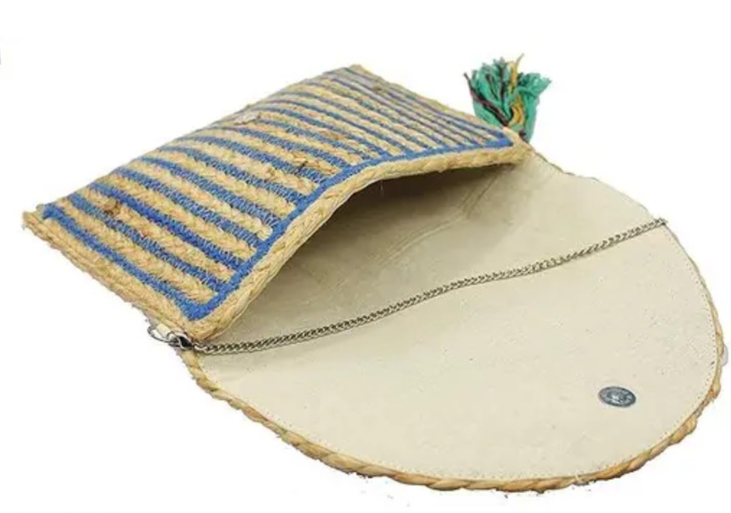 Handwoven Straw Clutch Purse with Tassel, Blue and Natural Striped Pattern, Boho Beach Style