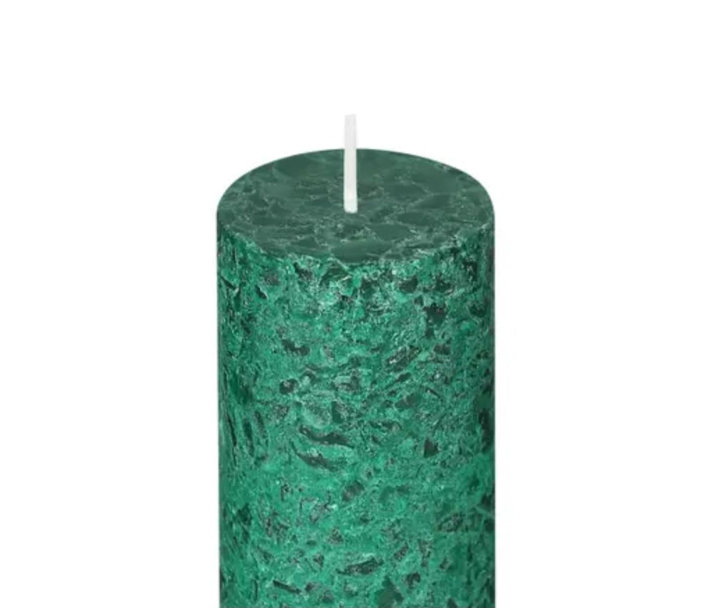 Rustic Pillar Candles, Green Marbled Texture, Set of 3, Various Heights