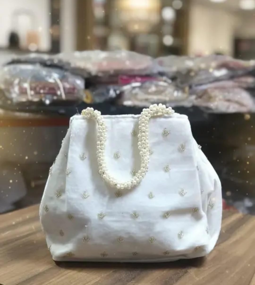 Women's Embroidered Handbag, White, Pearl Beaded Handles, Floral Zardozie Work, Bridal Potlie Bag