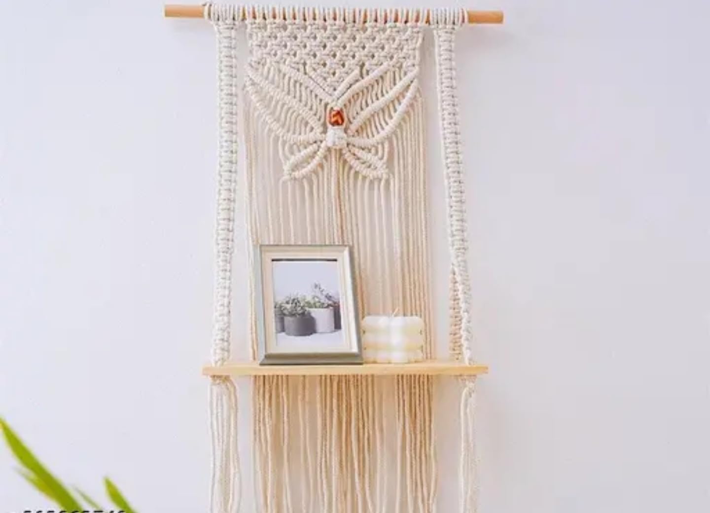 Macrame Wall Hanging Shelf with Decorative Pattern, Wooden Floating Shelf, Handwoven Cotton Rope, Cream White