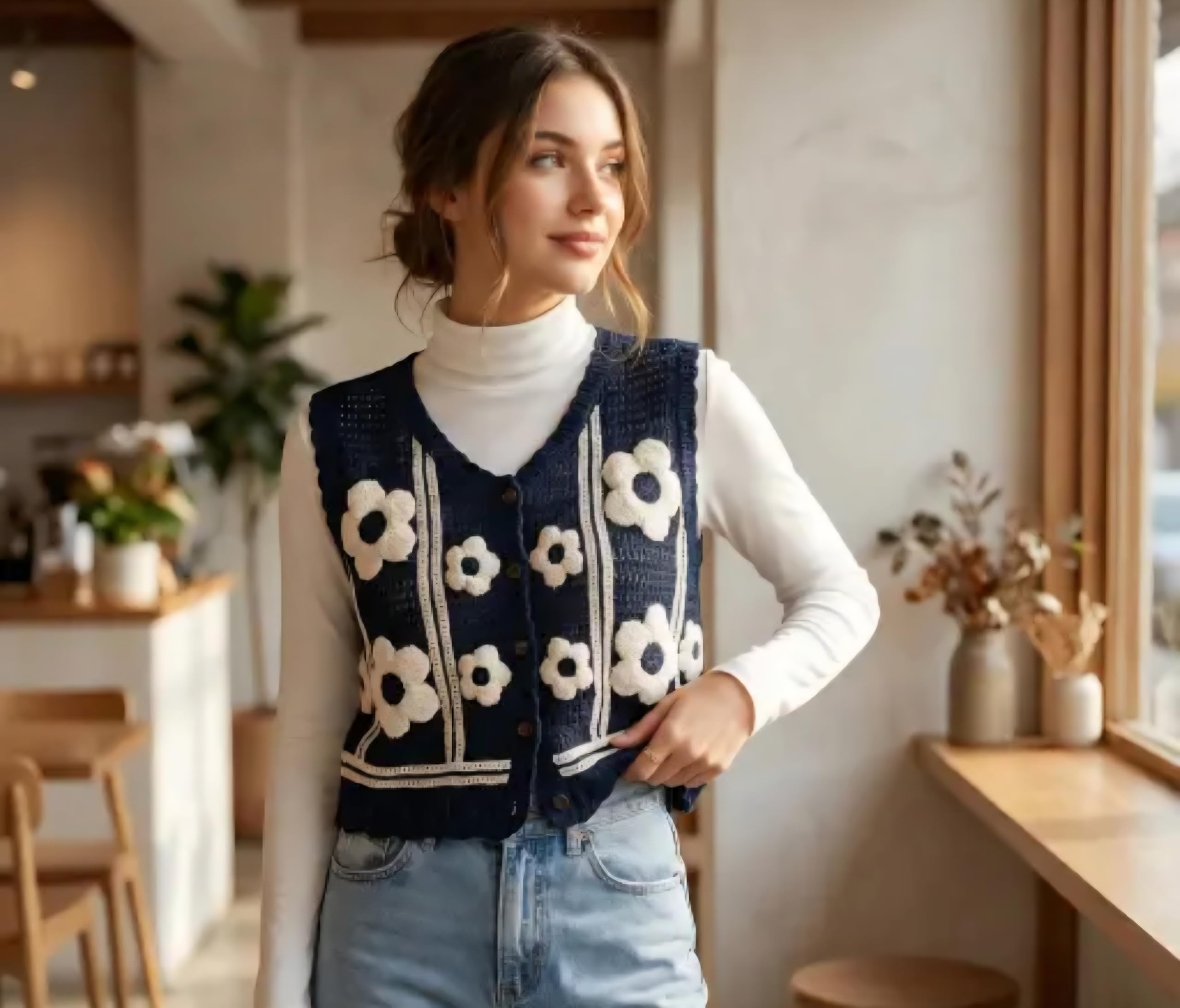 Women's Black Knit Vest, Floral Applique, Button-Front, Sleeveless Cropped Cardigan, Handmade top
