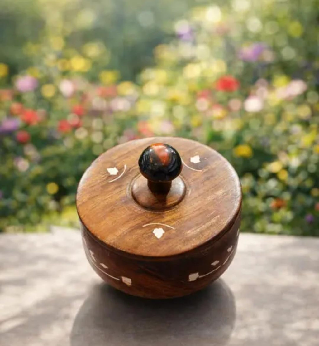 Wooden Bowl with Lid, Brown, Handcrafted Design, Dry Fruit Storage Container