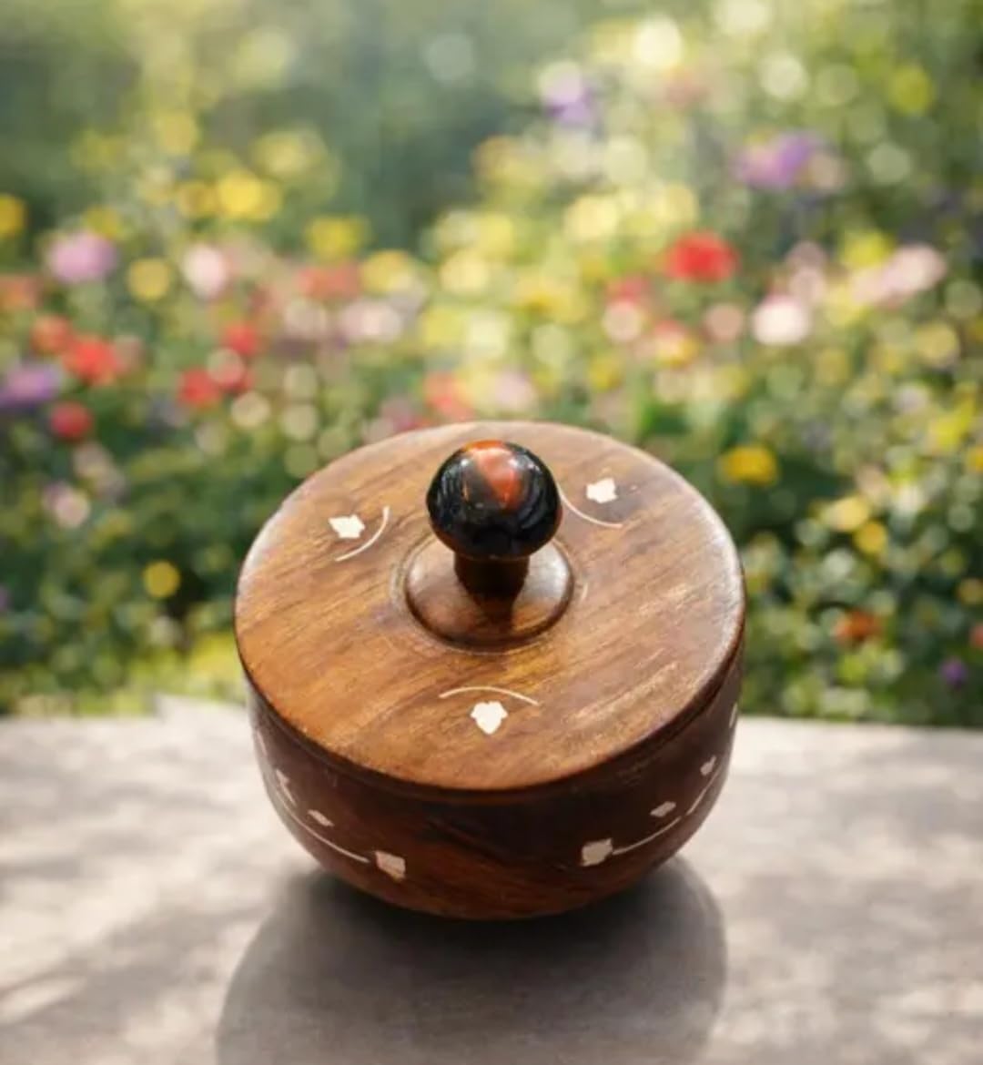 Wooden Bowl with Lid, Brown, Handcrafted Design, Dry Fruit Storage Container