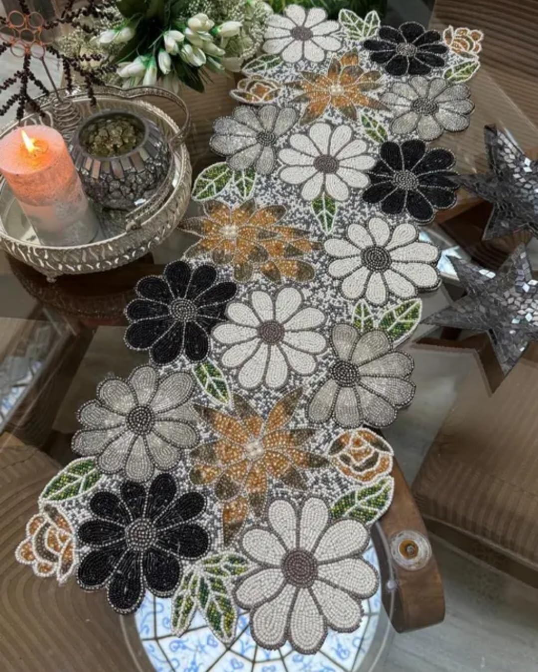 Beaded Floral Table Runner, Black, White, and Gold Daisy Design, Handcrafted Table Runner