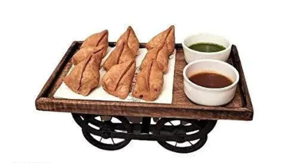 Rustic Wooden Serving Cart with Wheels, Decorative Food Presentation Tray, Brown Wood Top, Black Metal Base, Includes Dipping Bowls