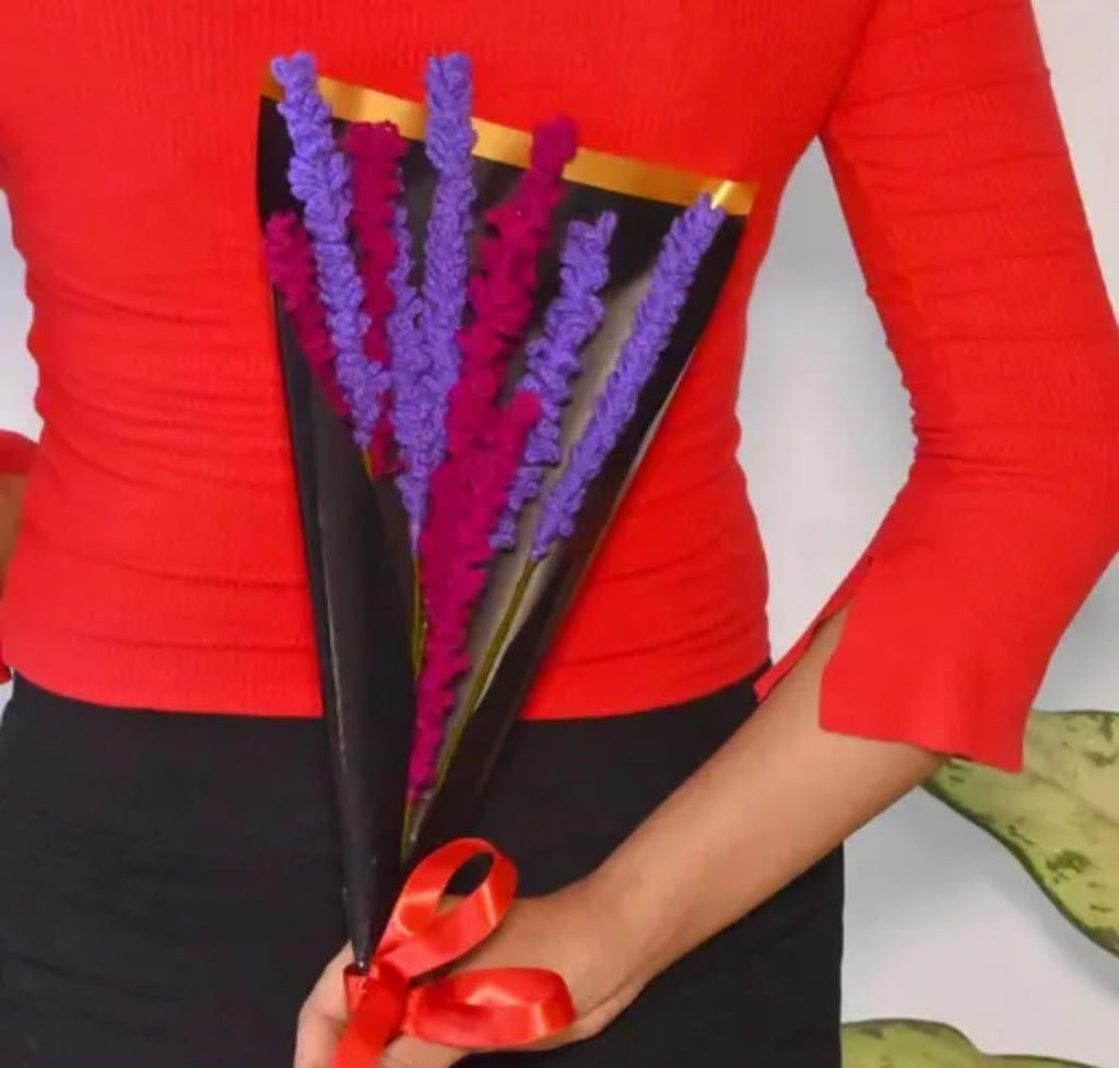 Crochet Lavender Bouquet, Purple and Red, Handmade Knit Flowers, Gift Wrapped with Ribbon