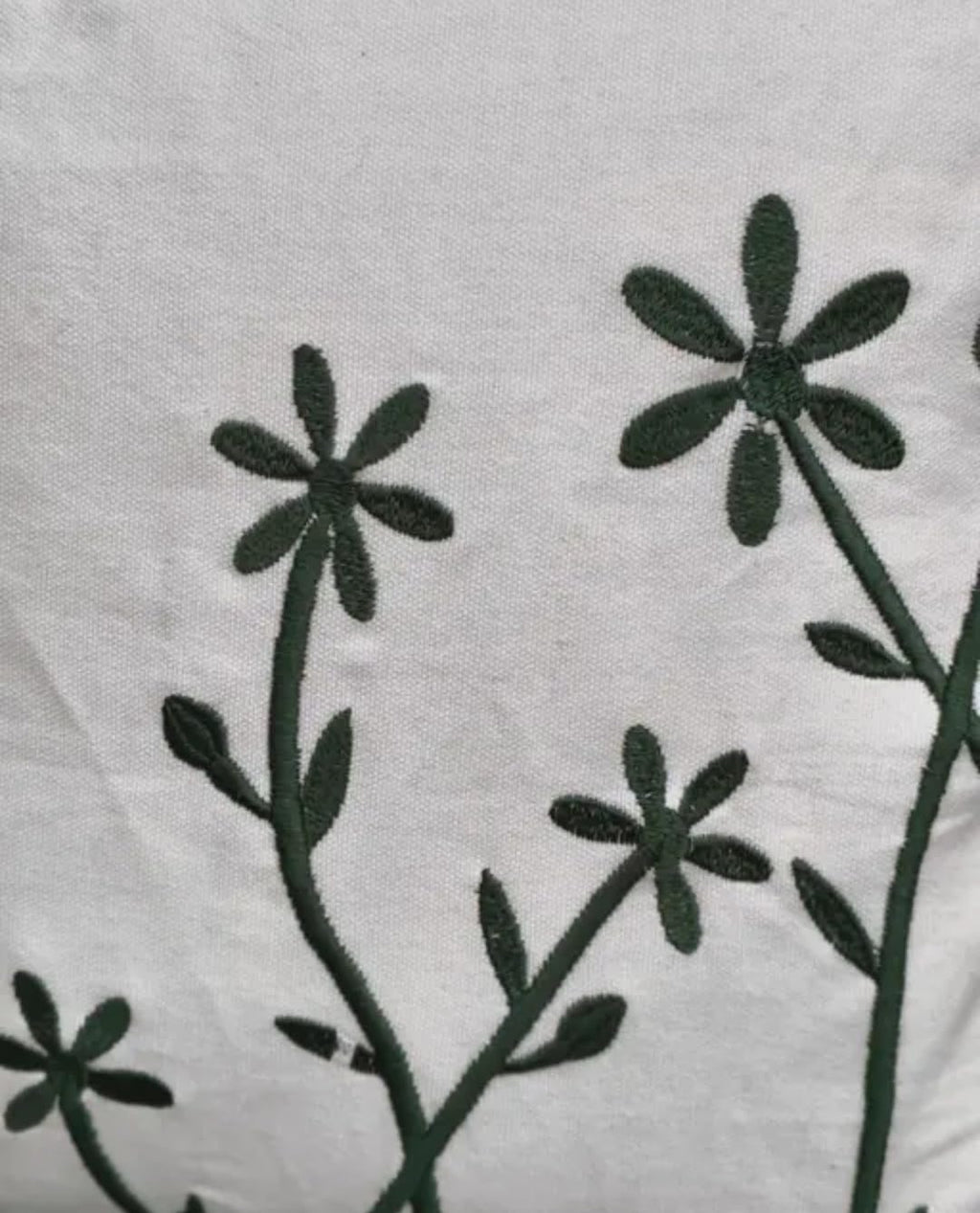 Floral Embroidered Throw Pillow Covers, White with Dark Green Botanical Design, Set of 2
