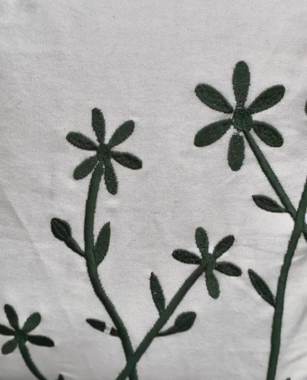 Floral Embroidered Throw Pillow Covers, White with Dark Green Botanical Design, Set of 2