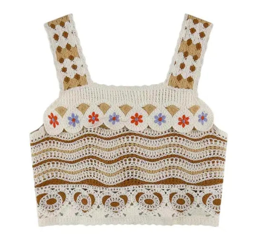 Women's Crochet Crop Top, Boho Floral Design, Granny Square Knit, Cream and Brown, Handmade