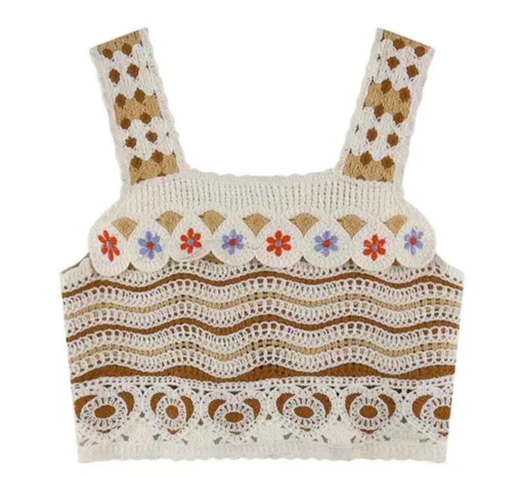 Women's Crochet Crop Top, Boho Floral Design, Granny Square Knit, Cream and Brown, Handmade
