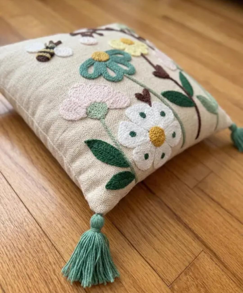 Handcrafted Embroidered Floral Throw Pillow Cover with Tassels, Bee and Flower Garden Design, Boho Style, Cream, 1 piece