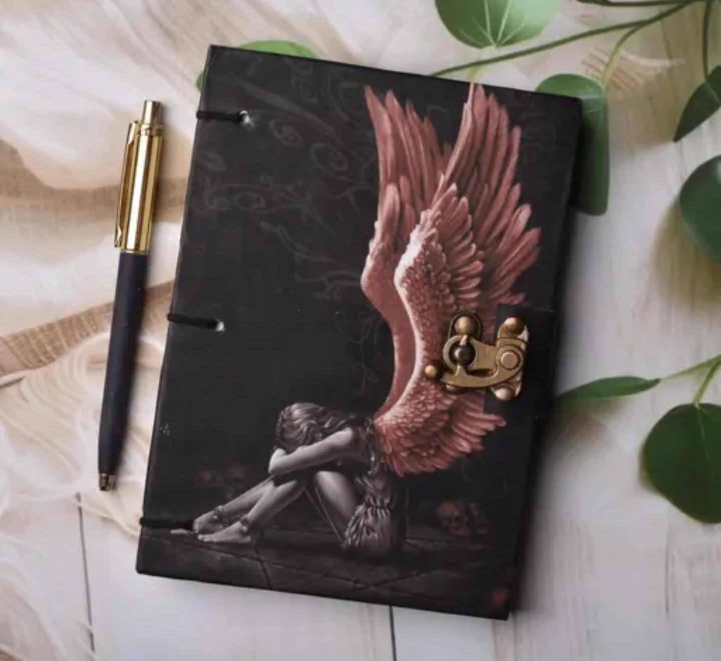 Gothic Angel Wing Journal with Lock, Black Leather Notebook with Pink Wings, Vintage Style Writing Diary
