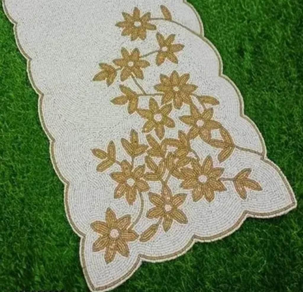 Embroidered Table Runner, Beige with Gold Floral Design, Scalloped Edge, Decorative Linen