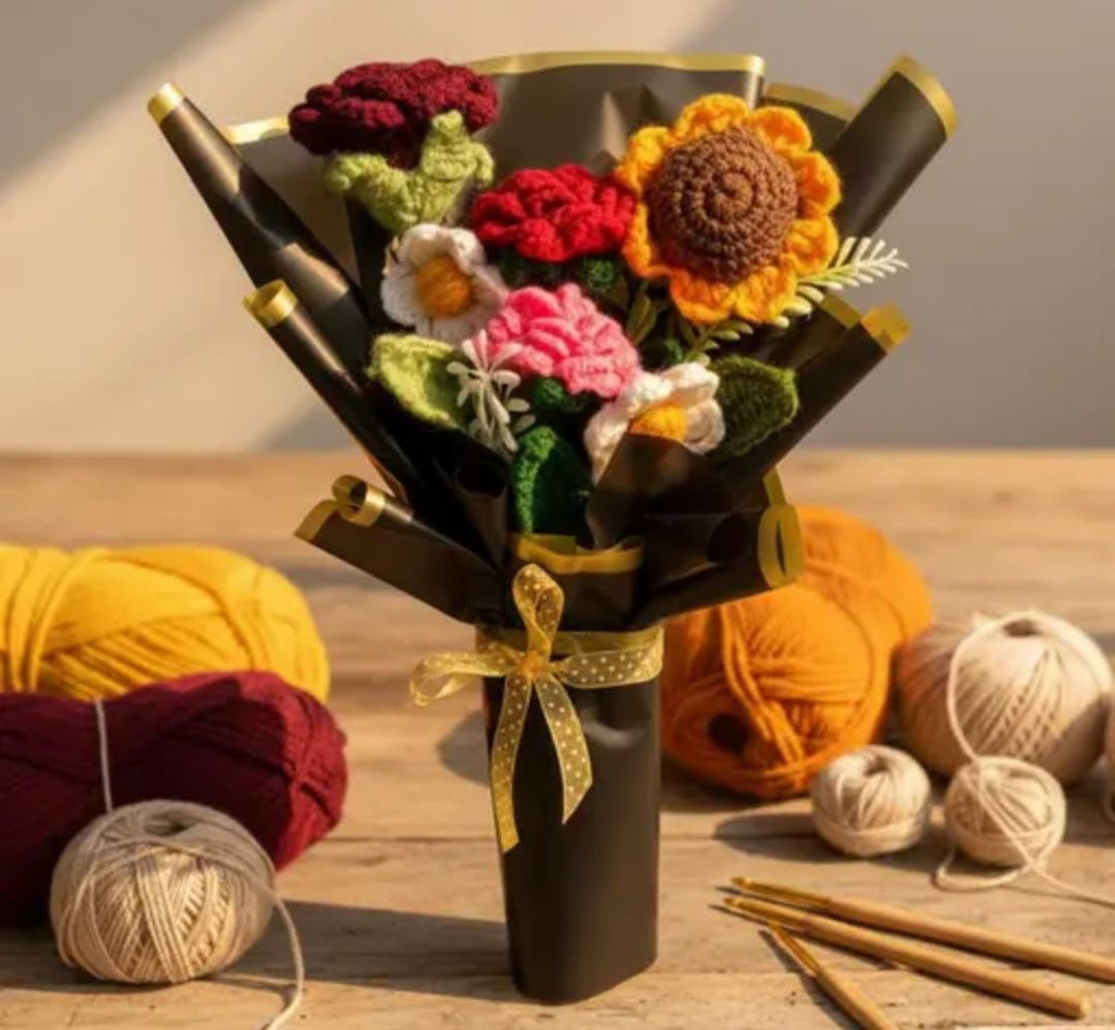 Handmade Crochet Flower Bouquet, Mixed Flowers with Sunflower and Roses