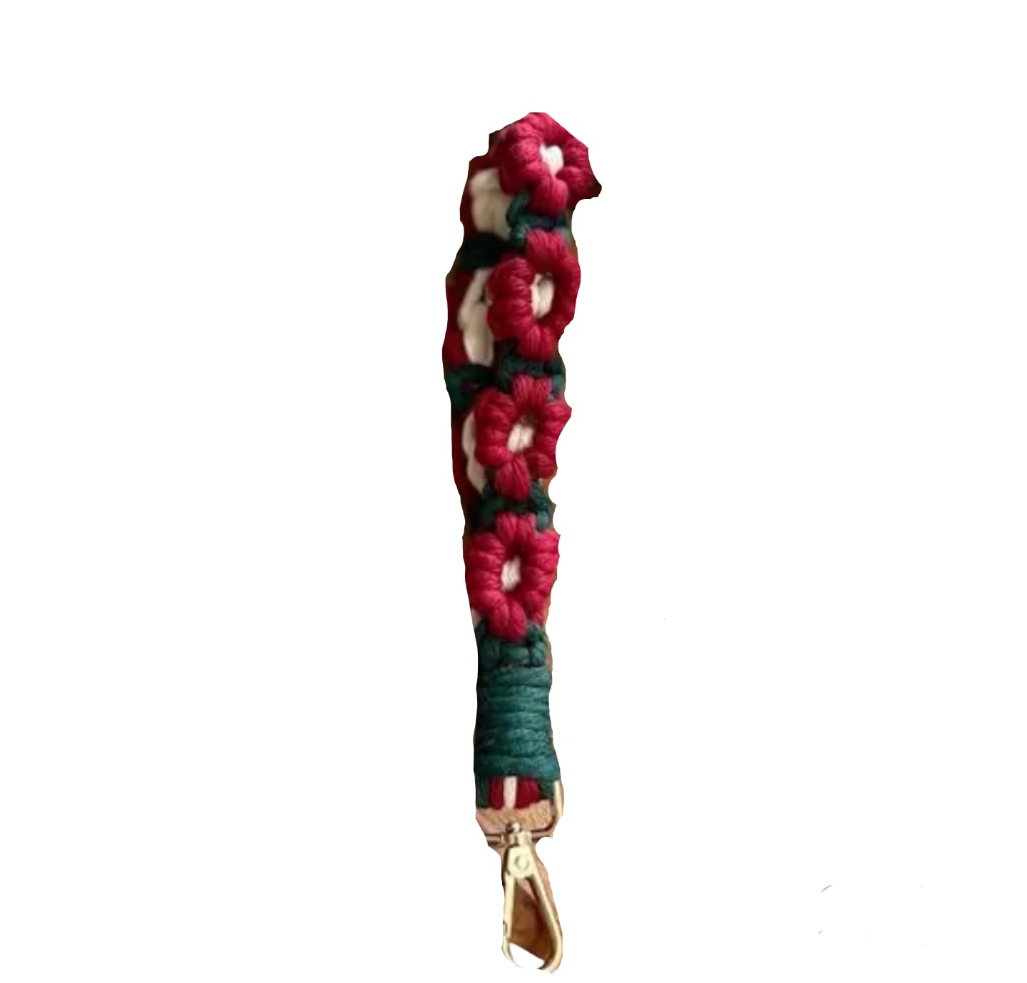 Handmade Floral Key Chain, Red Crochet Flowers with Green Stem, Decorative Woven Lanyard