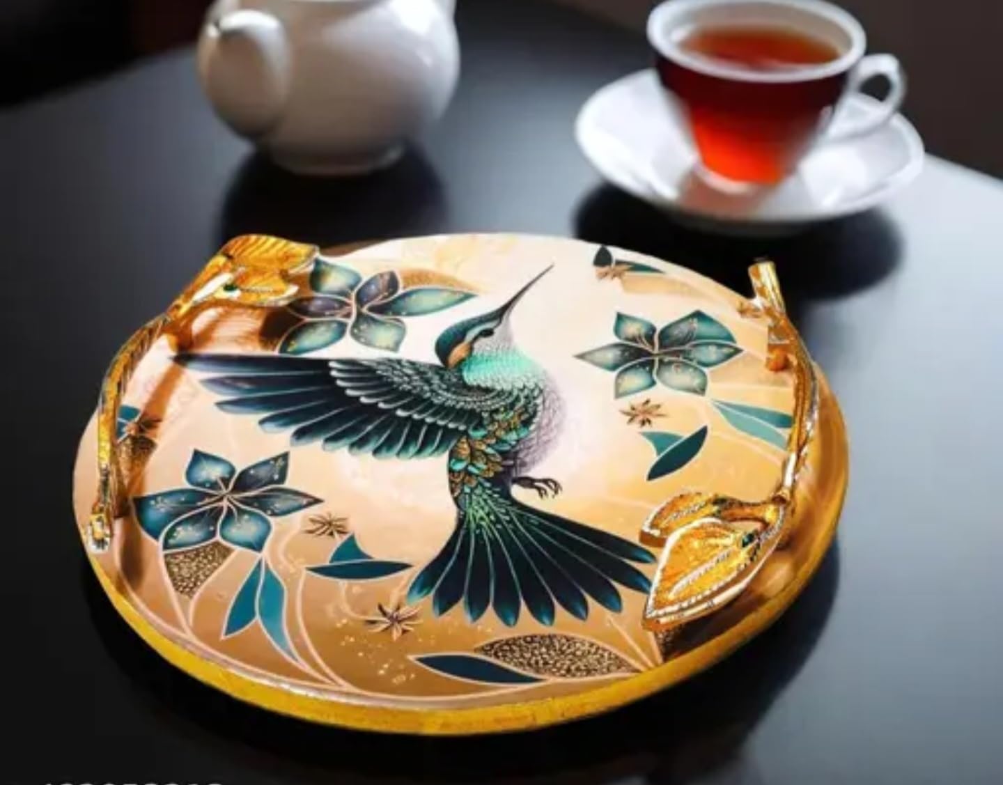 Decorative Ceramic Serving Plate with Peacock Design, Round, Teal and Gold, Floral Pattern, Oriental Style, Tea Service