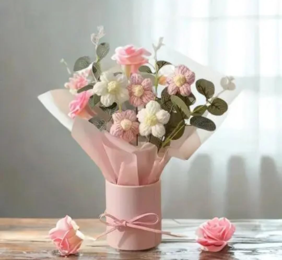 Artificial Flower Bouquet with Pink Vase, Handmade Crochet Roses and Daisies, Pink and White, Home Decor